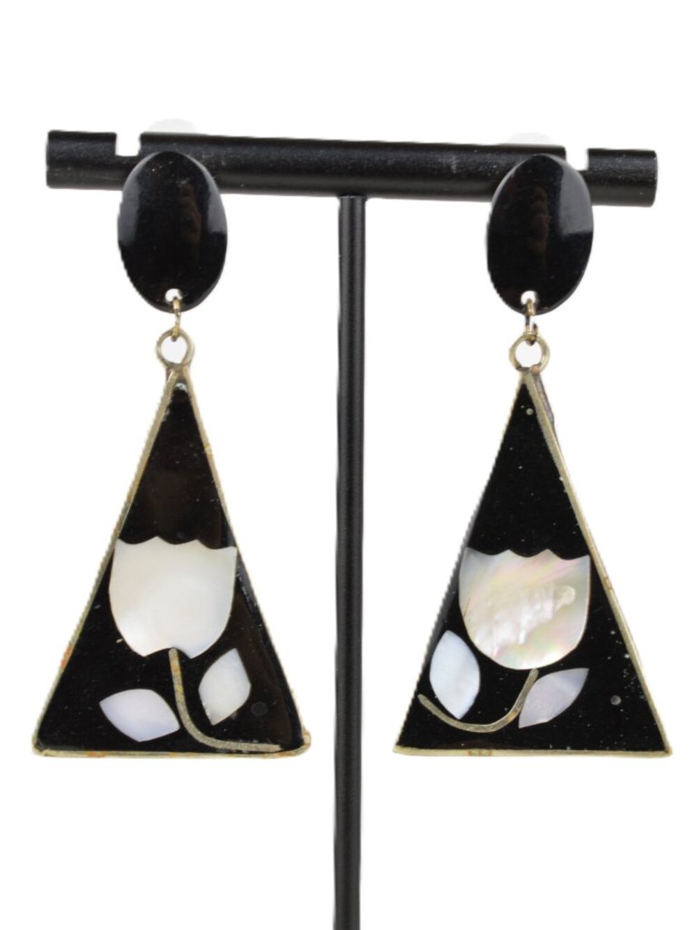 Vintage Alpaca Mexico Silver Dangle Earrings Mother of Pearl Inlay Black Enamel